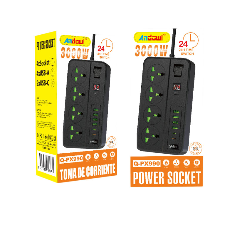 Andowl Πολύμπριζο 4 θέσεων με θύρες USB και Type-C 3000W Q-PX990 - Power Socket