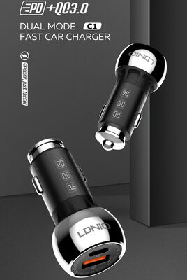 LDNIO φορτιστής αυτοκινήτου C1 με καλώδιο, USB & USB-C, 38W PD, μαύρος