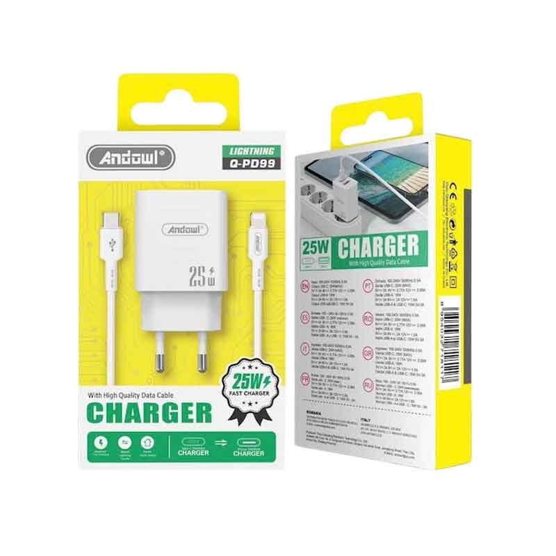 Andowl Φορτιστής με Θύρα USB-C και Καλώδιο USB-C και Lightning 25W Q-PD99- Charger
