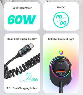 USAMS φορτιστής αυτοκινήτου US-CC192 με καλώδιο, USB/USB-C, 60W, μαύρος