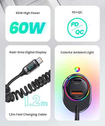USAMS φορτιστής αυτοκινήτου US-CC192 με καλώδιο, USB/USB-C, 60W, μαύρος