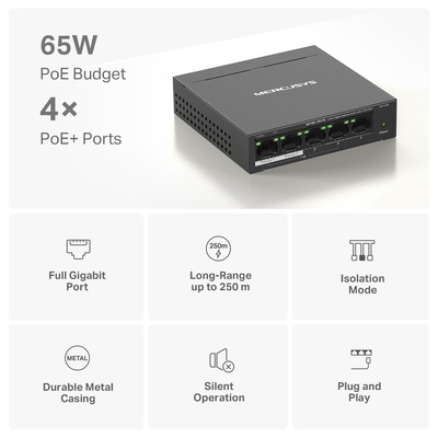 MERCUSYS Desktop Switch MS105GP, 5x 10/100/1000 Mbps, PoE+, Ver. 1.0