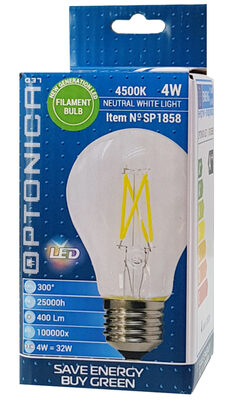OPTONICA LED λάμπα A60 Filament 1858, 4W, 4500K, E27, 400lm
