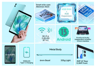 TECLAST tablet P85T, 8" HD, 4/64GB, Android 14, 5000mAh, μπλε