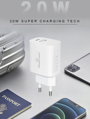 POWERTECH φορτιστής τοίχου PT-1040, USB & USB-C, PD QC3.0, 20W, λευκός