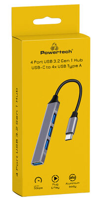 POWERTECH USB hub PT-1113, 4x θυρών, 5Gbps, USB-C σύνδεση, γκρι