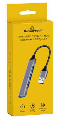 POWERTECH USB hub PT-1114, 4x θυρών, 5Gbps, USB σύνδεση, γκρι