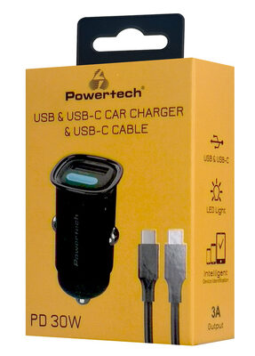 POWERTECH φορτιστής αυτοκινήτου PT-1229, καλώδιο, USB/USB-C, 30W, μαύρος