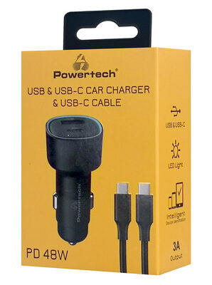 POWERTECH φορτιστής αυτοκινήτου PT-1230, καλώδιο, USB/USB-C, 48W, μαύρος