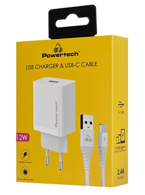 POWERTECH φορτιστής τοίχου PT-1322 με καλώδιο USB-C, USB, 12W, λευκός