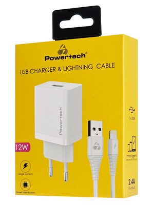 POWERTECH φορτιστής τοίχου PT-1323 με καλώδιο Lightning, USB, 12W, λευκός