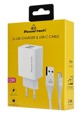 POWERTECH φορτιστής τοίχου PT-1324 με καλώδιο USB-C, 2x USB, 12W, λευκός