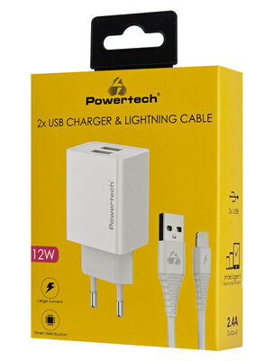 POWERTECH φορτιστής τοίχου PT-1325 με καλώδιο Lightning, 2x USB, 12W, λευκός