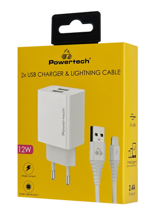 POWERTECH φορτιστής τοίχου PT-1325 με καλώδιο Lightning, 2x USB, 12W, λευκός