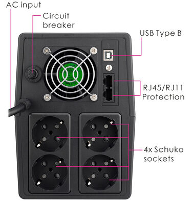 POWERTECH UPS Line Interactive PT-1800LCD με οθόνη, 1800VA, 1080W, 4x Schuko, 2x RJ45/RJ11, USB Type B