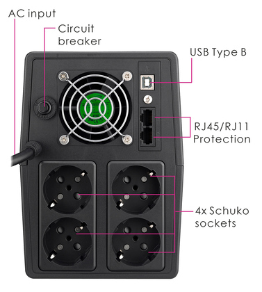 POWERTECH UPS Line Interactive PT-1800LCD με οθόνη, 1800VA, 1080W, 4x Schuko, 2x RJ45/RJ11, USB Type B