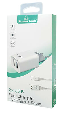 POWERTECH φορτιστής τοίχου PT-776 με καλώδιο USB-C, 2x USB, 2.1A, λευκό