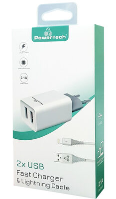 POWERTECH φορτιστής τοίχου PT-777, καλώδιο Lightning, 2x USB 2.1A, λευκό