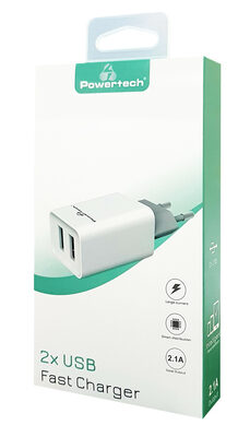 POWERTECH φορτιστής τοίχου PT-778, 2x USB, 2.1A, λευκός