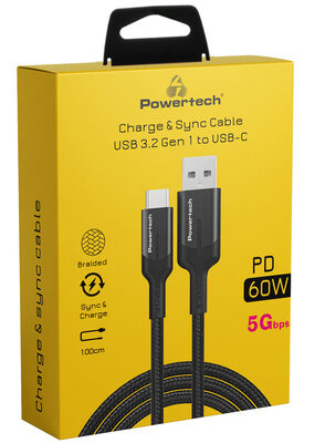 POWERTECH καλώδιο USB σε USB-C PTR-0134 PD 60W, 5Gbps, copper, 1m, μαύρο