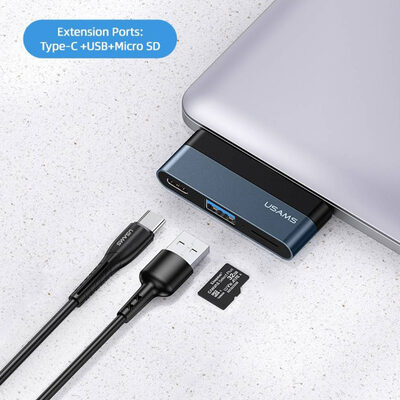 USAMS USB hub US-SJ491 με card reader, 2x θυρών, 5Gbps, 60W, USB-C, γκρι