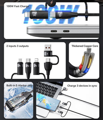 USAMS καλώδιο USB/USB-C σε 3 in 1 US-SJ646, PD 100W, 2m, μαύρο