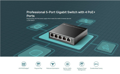 TP-LINK desktop switch TL-SG1005LP, 5-Port Gigabit, 4x PoE+, Ver. 2.0