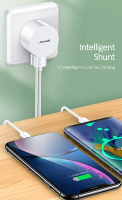USAMS φορτιστής τοίχου T20 & καλώδιο type-C, 2x USB, 2.1A, λευκός