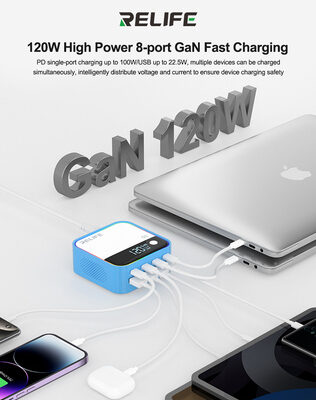 RELIFE σταθμός φόρτισης Q2, 4x USB-C & 4x USB, 120W, GaN, μπλε