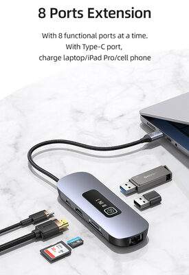 USAMS docking station US-SJ643, 8 θυρών, USB-C, 4K, 100W PD, LAN, γκρι