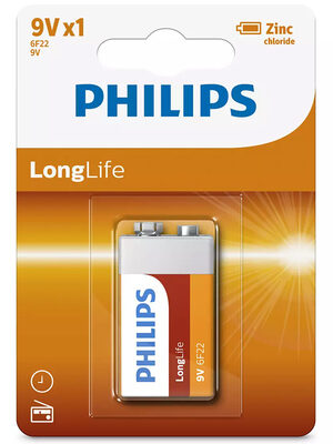 PHILIPS LongLife Zinc chloride μπαταρία 6F22L1B/10, 6F22 9V, 1τμχ