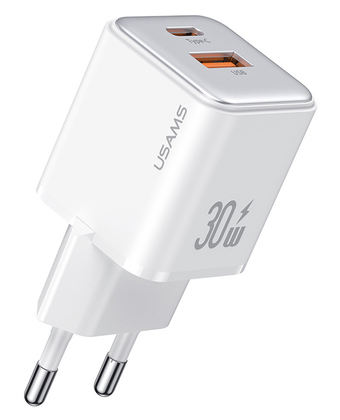 USAMS φορτιστής τοίχου US-CC189, USB & USB-C, 30W PD, λευκός
