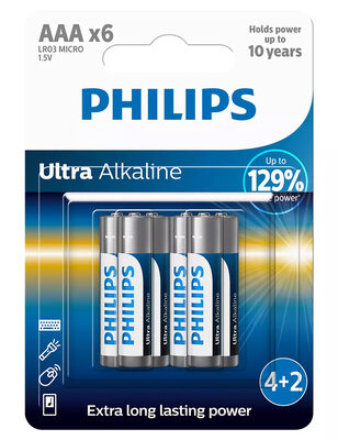 PHILIPS Ultra αλκαλικές μπαταρίες LR03E6BP/10, AAA LR03 1.5V, 6τμχ