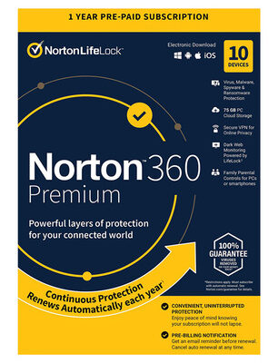 NORTON Antivirus 360 Premium ESD, 10 συσκευές, 75GB cloud, 1 έτος