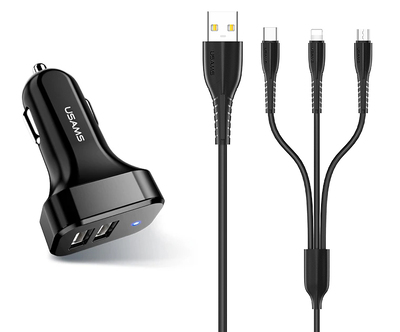 USAMS φορτιστής αυτοκινήτου C13 & καλώδιο 3 σε 1, 2x USB, 2.1A, μαύρο