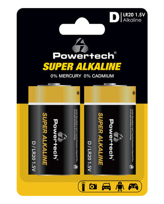 POWERTECH αλκαλικές μπαταρίες Super Alkaline PT-1217, LR20, 1.5V, 2τμχ
