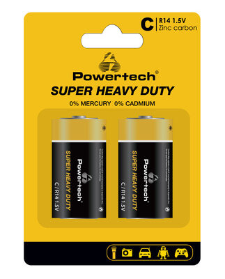 POWERTECH μπαταρίες Zinc Carbon Super Heavy Duty PT-1221, R14 1.5V, 2τμχ