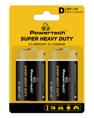 POWERTECH μπαταρίες Zinc Carbon Super Heavy Duty PT-1222, R20 1.5V, 2τμχ