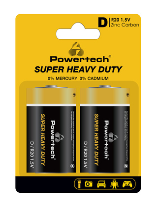 POWERTECH μπαταρίες Zinc Carbon Super Heavy Duty PT-1222, R20 1.5V, 2τμχ
