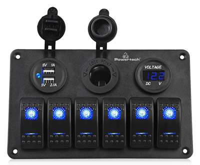POWERTECH πάνελ σκαφών & οχημάτων PTL-020, πρίζα 12V/2x USB/6x διακόπτες