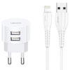 USAMS φορτιστής τοίχου T20 & καλώδιο Lightning, 2x USB, 2.1A, λευκός