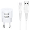 USAMS φορτιστής τοίχου T20 & καλώδιο Micro USB, 2x USB, 2.1A, λευκός