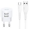 USAMS φορτιστής τοίχου T20 & καλώδιο type-C, 2x USB, 2.1A, λευκός