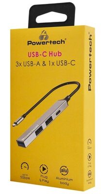POWERTECH USB hub PT-1412, 4x θυρών, USB 3.2, 5Gbps, USB-C σύνδεση, γκρι