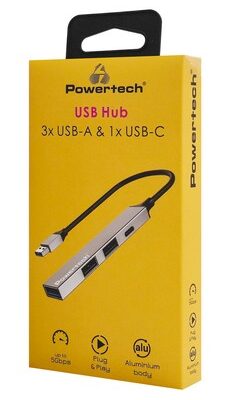 POWERTECH USB hub PT-1413, 4x θυρών, USB 3.2, 5Gbps, USB σύνδεση, γκρι