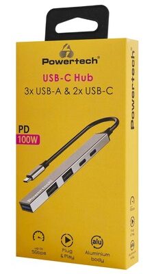 POWERTECH USB hub PT-1414, 5x θυρών, USB 3.2, 5Gbps, 100W, USB-C σύνδεση, γκρι