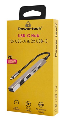 POWERTECH USB hub PT-1414, 5x θυρών, USB 3.2, 5Gbps, 100W, USB-C σύνδεση, γκρι