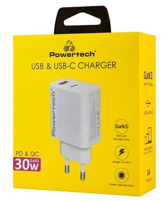 POWERTECH φορτιστής τοίχου PT-1433, USB/USB-C, 30W, GaN, λευκός