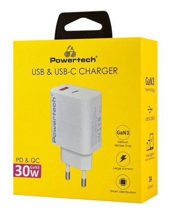 POWERTECH φορτιστής τοίχου PT-1433, USB/USB-C, 30W, GaN, λευκός