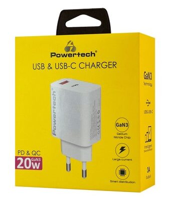 POWERTECH φορτιστής τοίχου PT-1437, USB/USB-C, 20W, GaN, λευκός